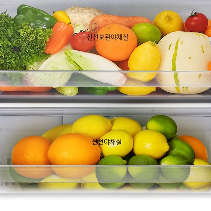 신선보관야채실과 신선야채실이라는 글자가 있는 냉장고 내부 이미지입니다. 다양한 채소와 과일이 보관되어 있으며, 상추, 파프리카, 당근, 오렌지, 레몬, 멜론 등이 있고, 오렌지, 레몬, 라임 등이 있습니다.
