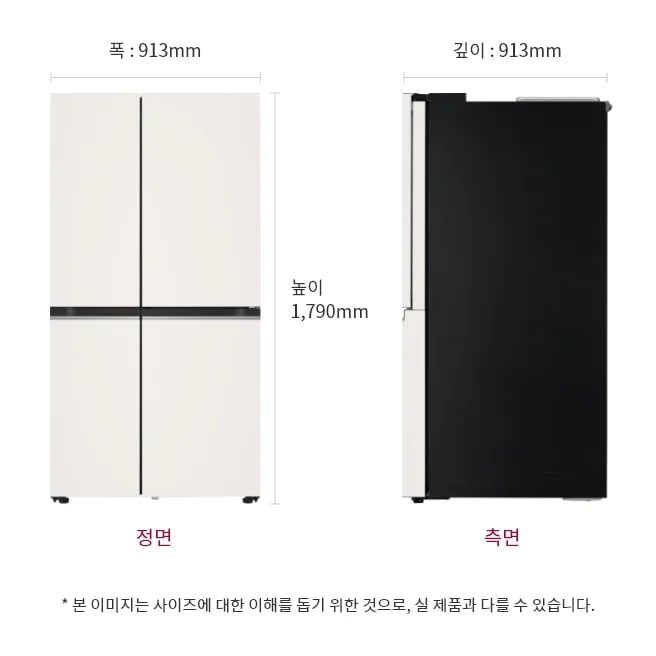 냉장고의 정면과 측면 모습이 나와 있으며, 정면은 폭 913mm, 높이 1,790mm로 표시되어 있고, 측면은 깊이 913mm로 표시되어 있습니다. 하단에는 본 이미지는 사이즈에 대한 이해를 돕기 위한 것으로, 실 제품과 다를 수 있습니다.라는 문구가 포함되어 있습니다.