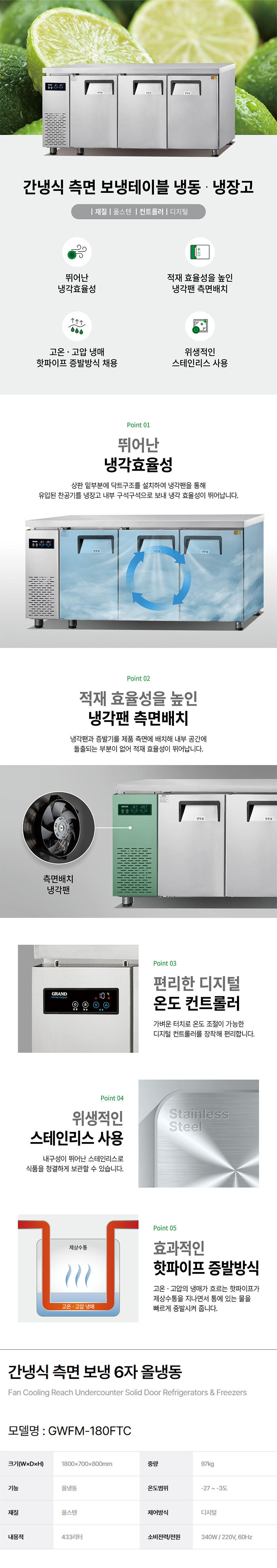 동양렌탈 GWFM-180FTC 그랜드우성 6자 업소용 간냉식 측면 올냉동 보냉테이블 냉장고 상세이미지 1