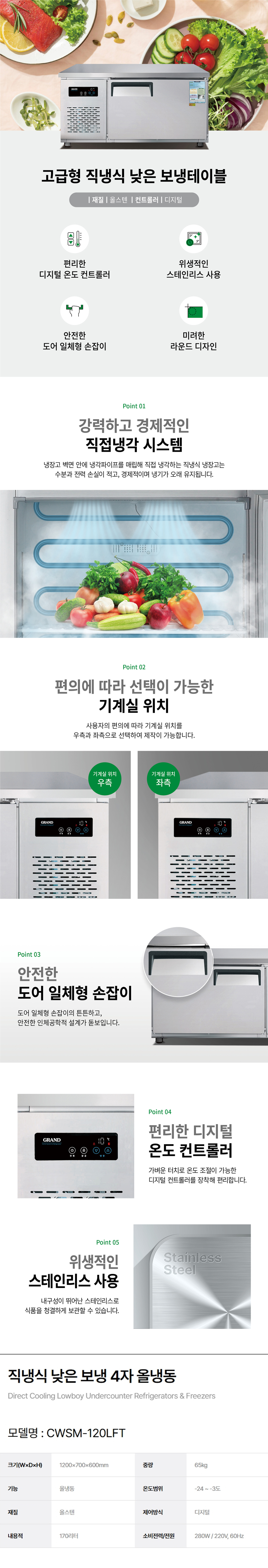동양렌탈 CWSM-120LFT 그랜드우성 4자 업소용 직냉식 올냉동 낮은 보냉테이블 냉장고 상세이미지 1