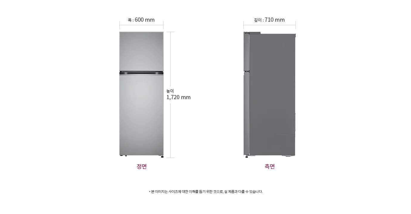 냉장고의 정면과 측면 모습이 나란히 배치되어 있습니다. 정면의 폭은 600mm, 높이는 1,720mm로 표시되어 있으며, 측면의 깊이는 710mm로 표시되어 있습니다. 이미지 하단에는 본 이미지는 사이즈에 대한 이해를 돕기 위한 것으로, 실 제품과 다를 수 있습니다.라는 문구가 포함되어 있습니다.