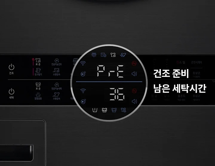 세탁기 조작 패널이 보이며, 디지털 화면에 "PrE"와 "36"이 표시되어 있습니다. 화면 옆에는 "건조 준비"와 "남은 세탁시간"이라는 텍스트가 있습니다. 패널에는 다양한 아이콘과 버튼이 배치되어 있으며, "건조"와 "세탁" 버튼이 보입니다. 배경은 어두운 색상입니다.