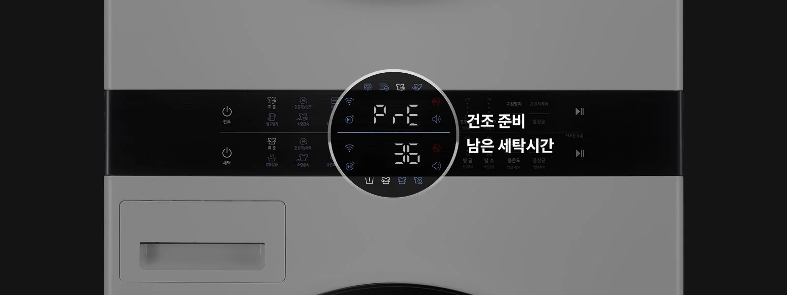 세탁기 조작 패널이 보이며, 디지털 화면에 "PrE"와 "36"이 표시되어 있습니다. 화면 옆에는 "건조 준비"와 "남은 세탁시간"이라는 텍스트가 있습니다. 패널에는 다양한 아이콘과 버튼이 배치되어 있으며, "건조"와 "세탁" 버튼이 보입니다. 배경은 어두운 색상입니다.