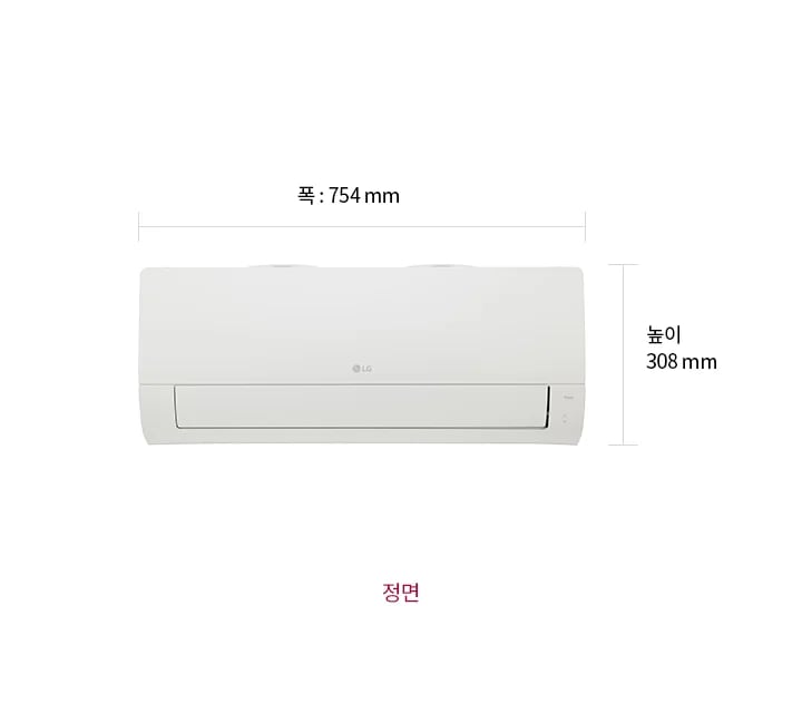 이미지는 벽걸이형 에어컨의 반측면을 보여줍니다. 폭은 754mm, 높이는 308mm, 두께는 789mm로 표시되어 있으며, 이미지 하단에는 반측면이라는 텍스트가 적혀 있습니다.
