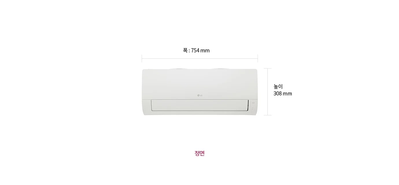 이미지는 벽걸이형 에어컨의 반측면을 보여줍니다. 폭은 754mm, 높이는 308mm, 두께는 789mm로 표시되어 있으며, 이미지 하단에는 반측면이라는 텍스트가 적혀 있습니다.
