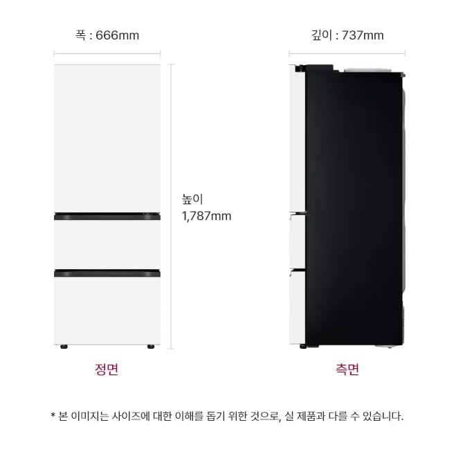 냉장고의 정면과 측면 모습이 나와 있으며, 정면은 폭 666mm, 높이 1,787mm로 표시되어 있고, 측면은 깊이 737mm로 표시되어 있습니다. 하단에는 본 이미지는 사이즈에 대한 이해를 돕기 위한 것으로, 실 제품과 다를 수 있습니다.라는 문구가 포함되어 있습니다.
