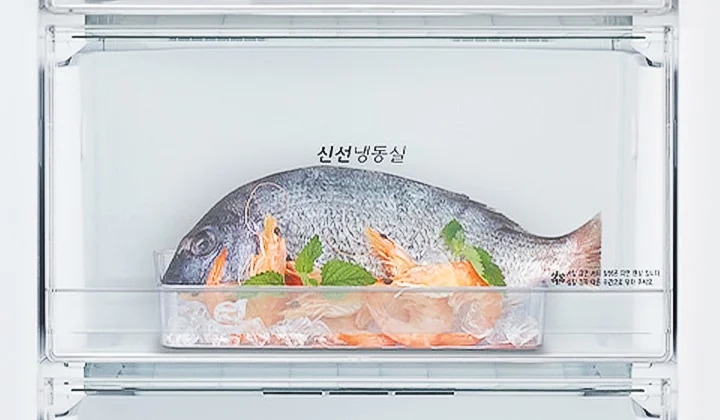 냉장고 내부에 신선 냉동실이 보이며, 투명한 용기에 얼음과 함께 생선이 담겨 있습니다. 생선 주변에는 녹색 잎과 오렌지색 조각이 함께 놓여 있습니다. 신선냉동실이라는 글자가 중앙에 위치해 있으며, 하단에는 작은 글씨로 강력한 급속 냉동으로 맛과 신선함을 오래오래 유지라는 문구가 적혀 있습니다.
