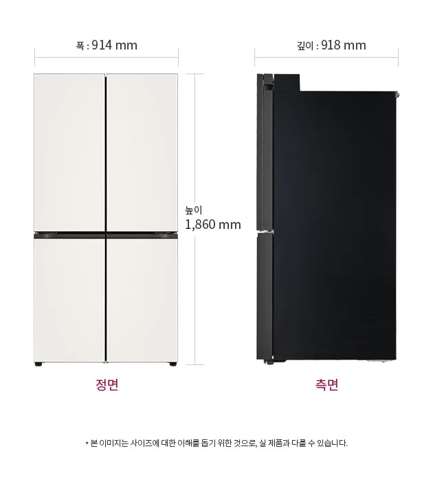 냉장고의 정면과 측면 이미지가 나란히 배치되어 있습니다. 정면의 폭은 914mm, 높이는 1,860mm이며, 측면의 깊이는 918mm로 표시되어 있습니다. 하단에는 정면과 측면이라는 글자가 각각 적혀 있으며, 본 이미지는 사이즈에 대한 이해를 돕기 위한 것으로, 실 제품과 다를 수 있습니다.라는 문구가 포함되어 있습니다.